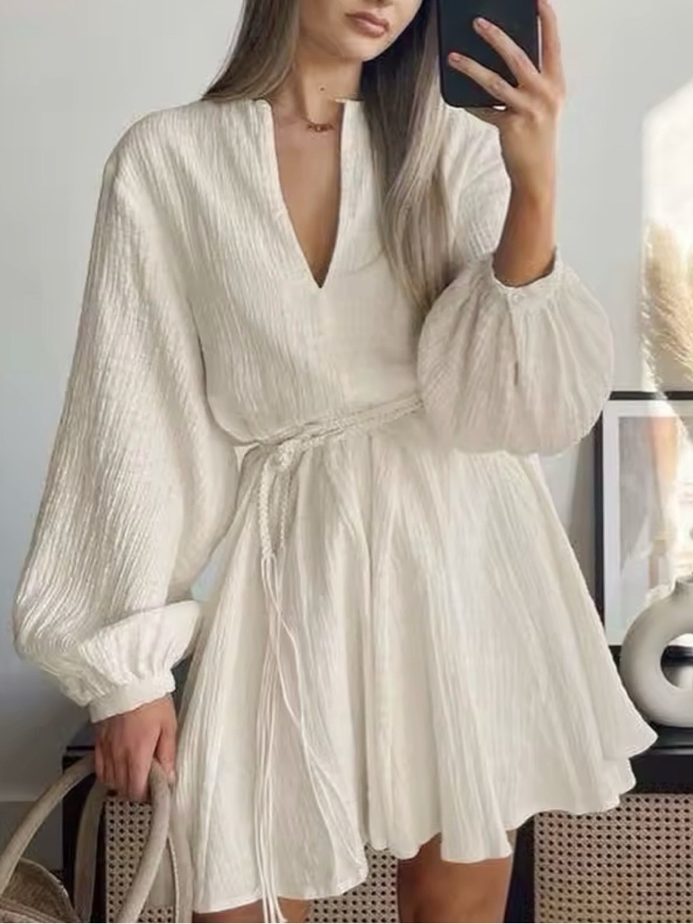 Women’s Cream Textured V-Neck Smock Dress